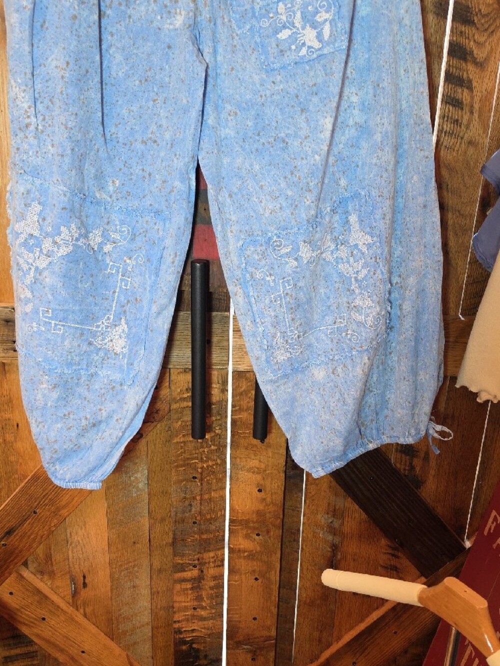 147p Genie Cross Stitch Pants Light Blue Women's Wide-Leg Cargo Linen Pants - Picture 14 of 16